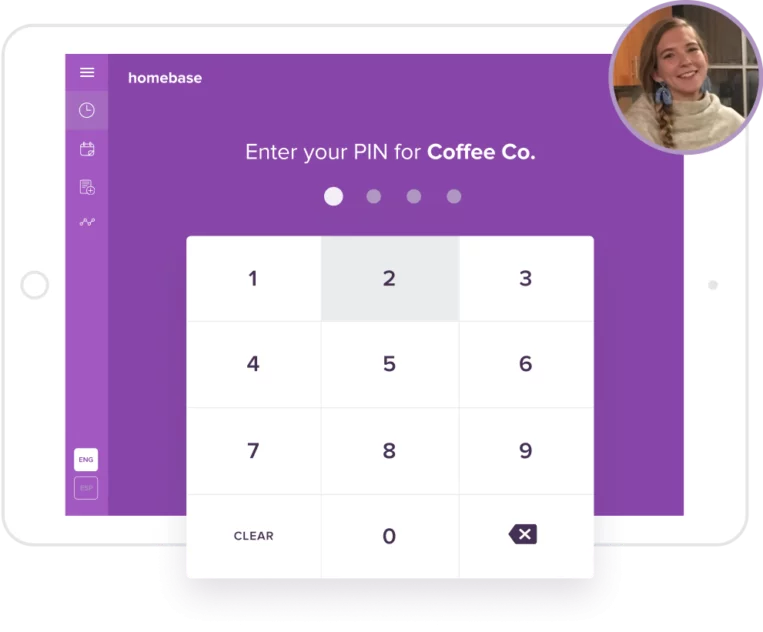 Tablet screen showing a purple PIN entry keypad for Coffee Co. on the Homebase app with numbers 1 to 9, 0, clear, and delete buttons and a user profile picture in the top right corner.