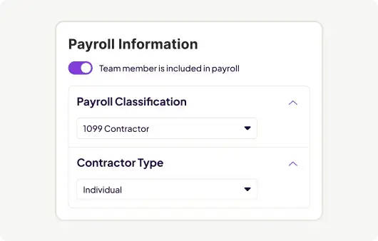 A Payroll Information card with a toggle for 'Team member is included in payroll,' Payroll Classification set to 1099 Contractor, and Contractor Type set to Individual.