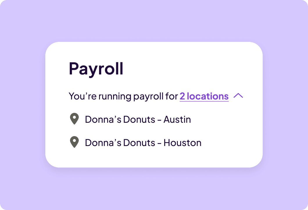 Homebase payroll run covering team members across multiple locations in a single payroll run.