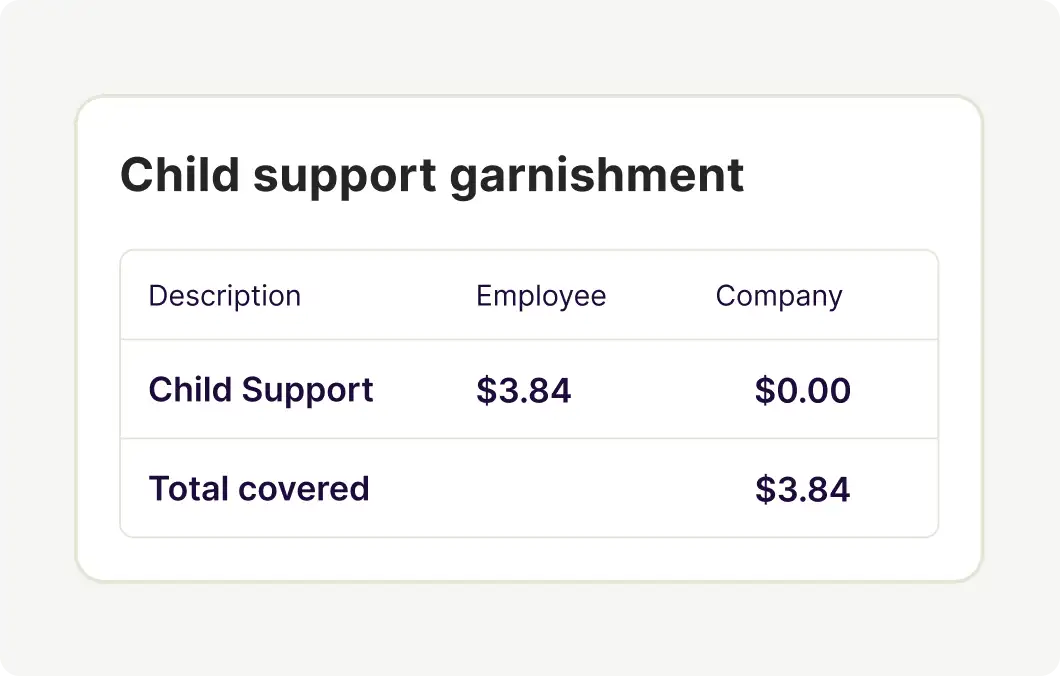 Card titled 'Child support garnishment' showing a $3.84 employee deduction, $0.00 company portion, and $3.84 total covered.