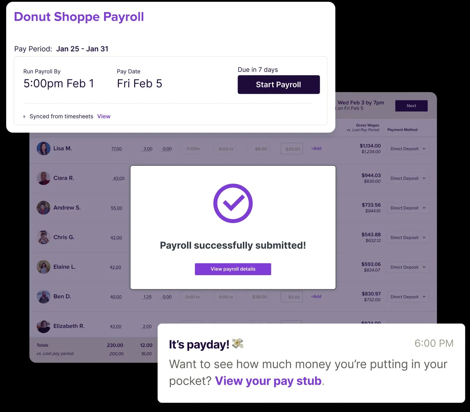 Payroll interface for Donut Shoppe showing pay period Jan 25-31, payroll run by 5:00pm Feb 1, pay date Fri Feb 5, with a notification that payroll was successfully submitted and a payday message with option to view pay stub.