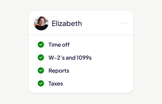 User profile card for Elizabeth with green checkmarks beside Time off, W-2's and 1099s, Reports, and Taxes.
