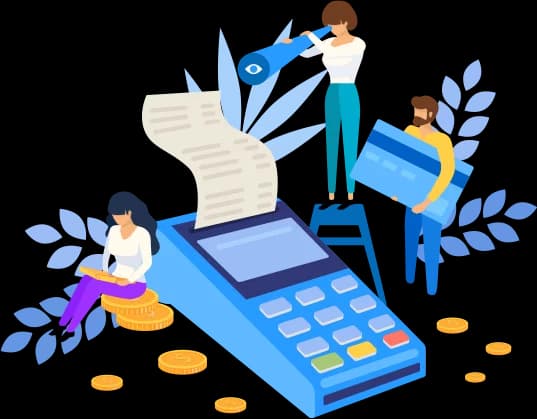 Illustration of three people interacting with a large payment terminal surrounded by coins, one holding a credit card, another using a telescope, and one sitting on stacked coins with a phone.