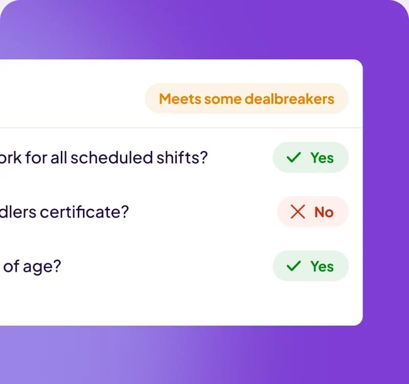 A candidate marked as meeting some dealbreakers, with yes and no against each screening question