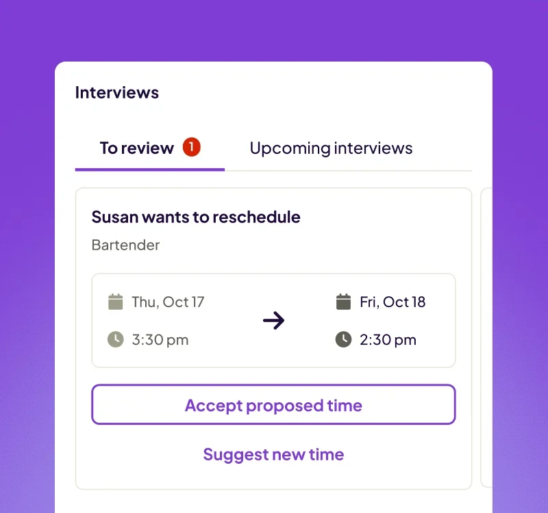 Interviews to review, with onboarding paperwork tracked per new hire
