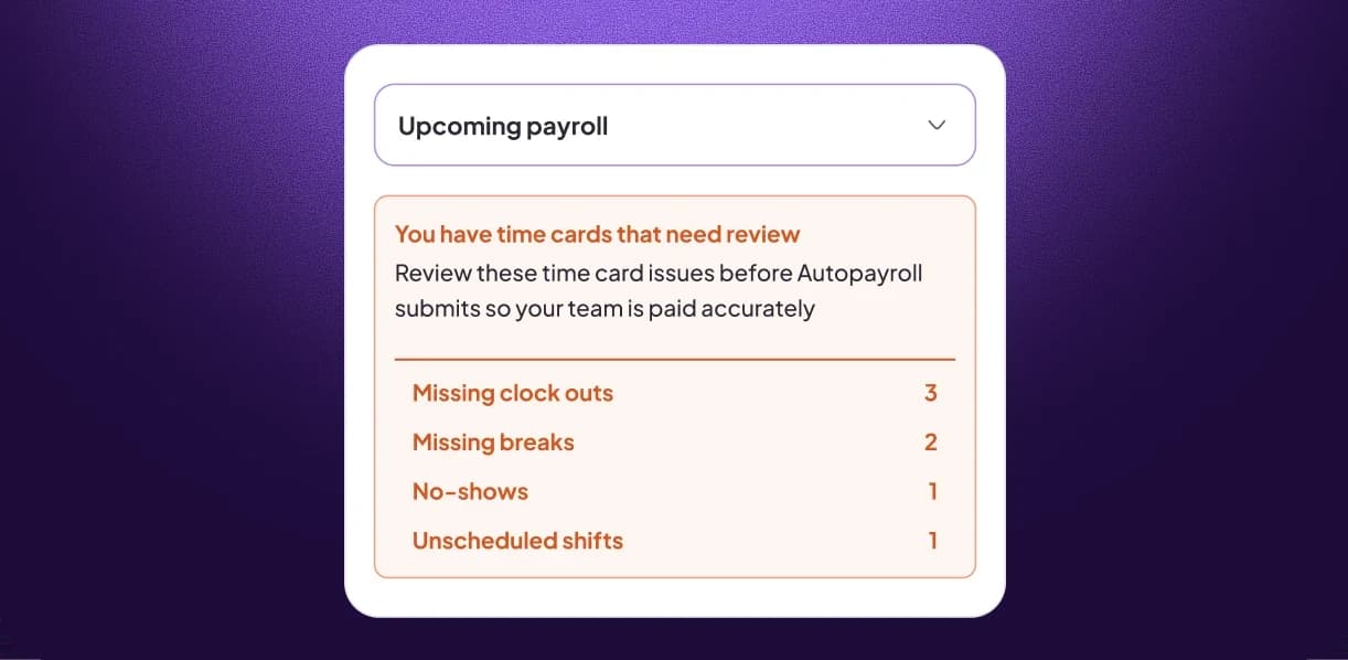 A pre-run summary email listing time cards needing review before AutoPayroll