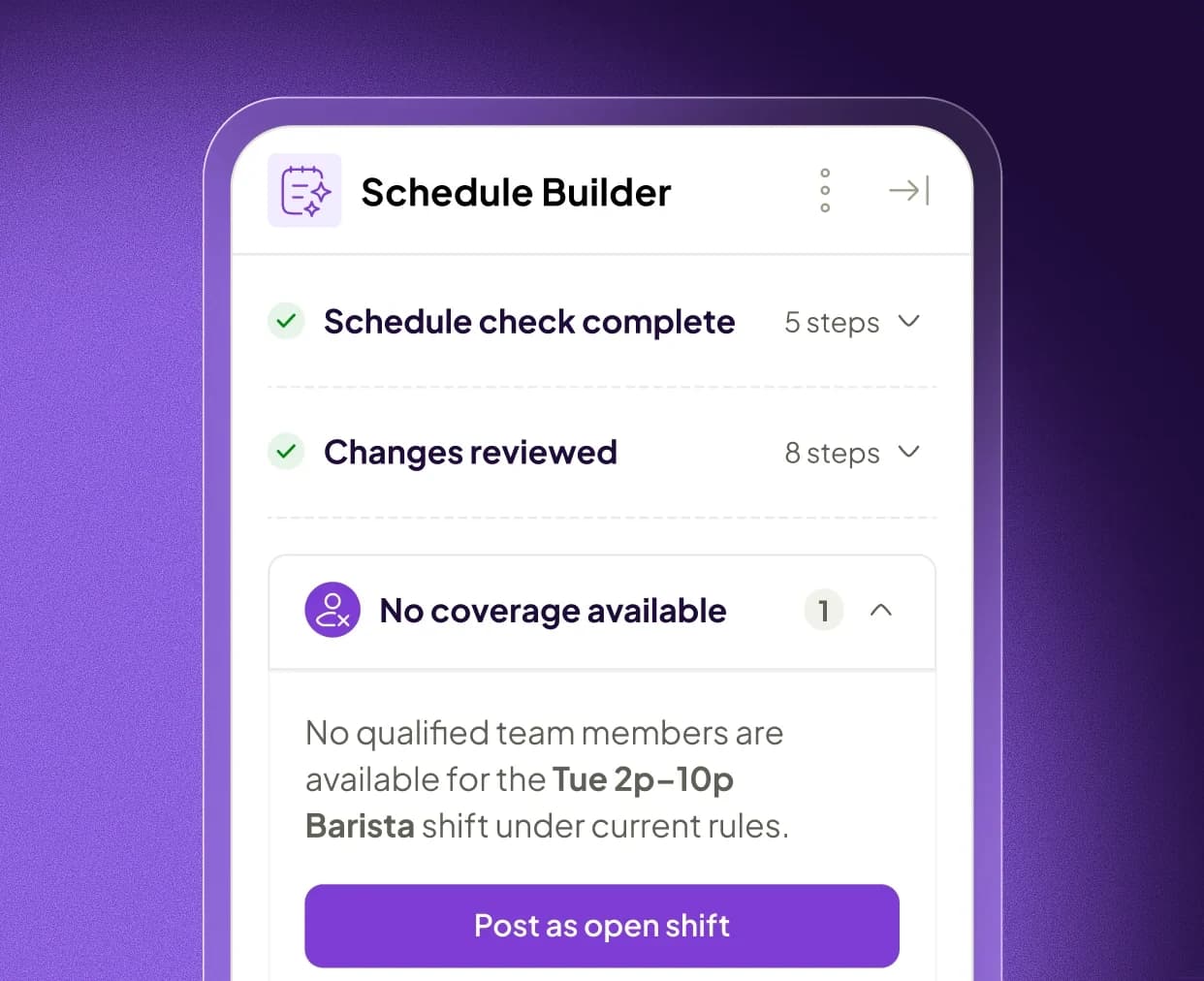 Schedule Builder reviewing a week of shifts, with labor cost and hours totals before publishing