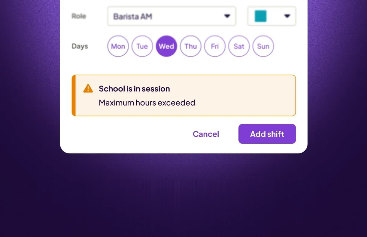 A schedule flagging hours violations for team members under 18