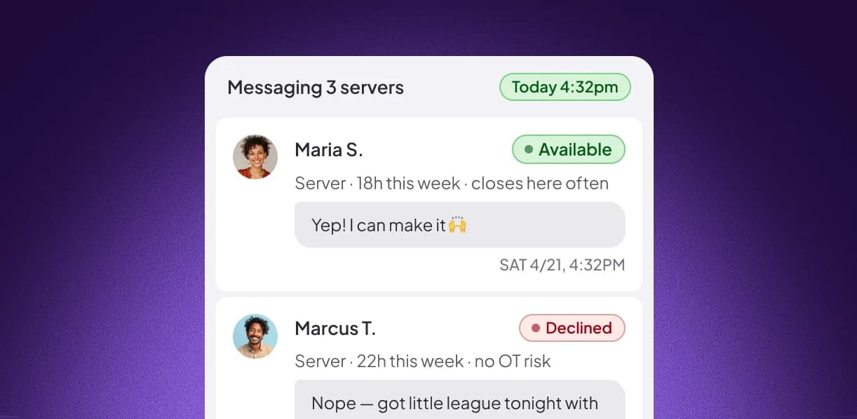 Homebase Assistant contacting team members to cover a called-out shift