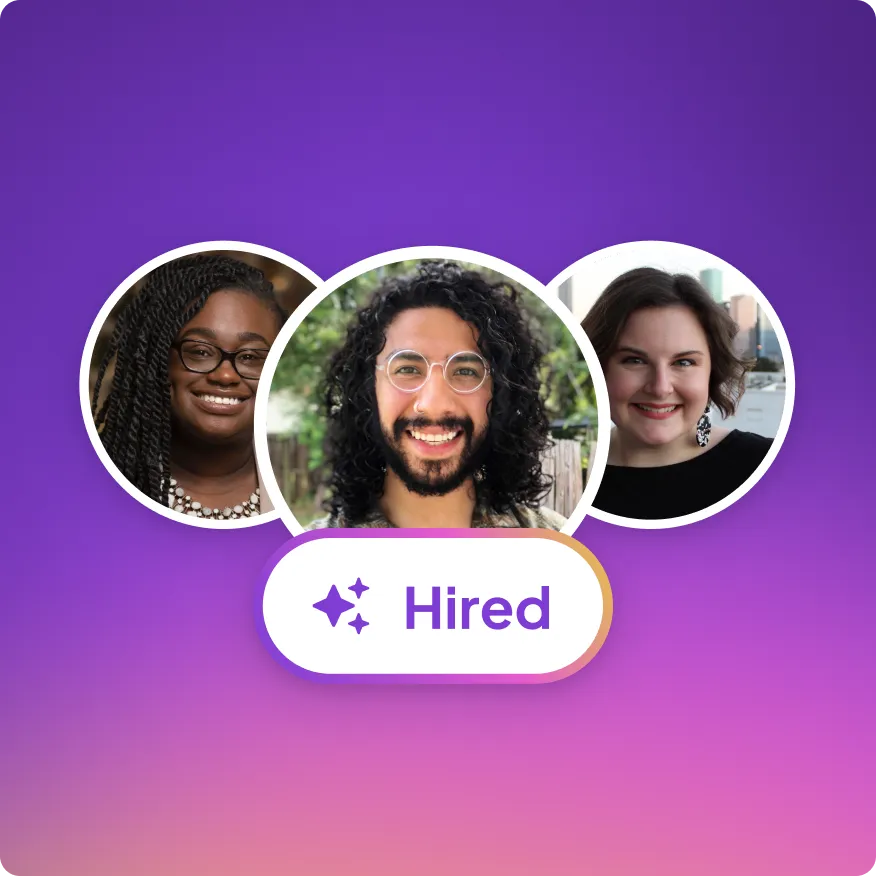 Smiling portraits of three diverse people with a purple gradient background and a 'Hired' label below the central photo.