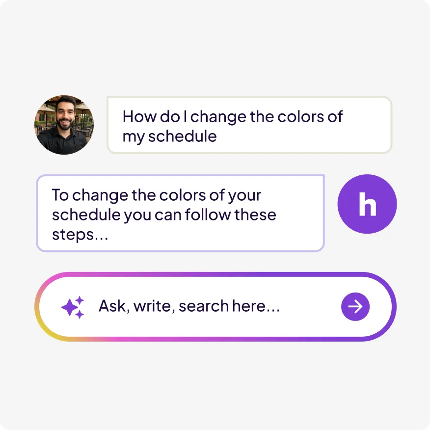 Chat interface showing a user asking how to change schedule colors and a reply suggesting to follow steps, with a search bar below.