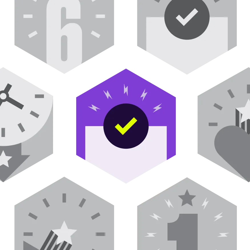 Purple hexagon badge with a yellow checkmark in a dark circle and small lightning bolts around it.
