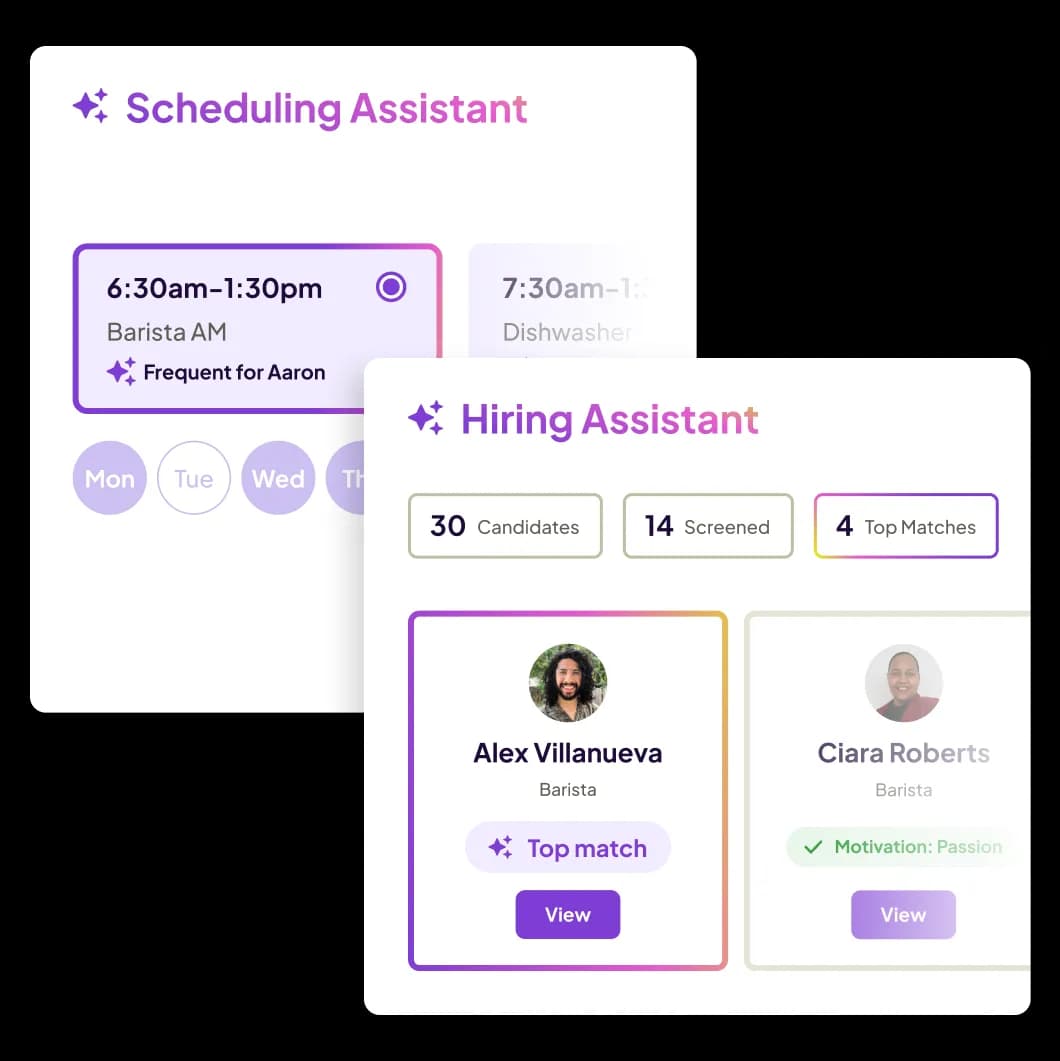 User interface for a scheduling assistant showing a 6:30am-1:30pm Barista AM shift and a hiring assistant displaying 30 candidates, 14 screened, and 4 top matches including top match Alex Villanueva and candidate Ciara Roberts.