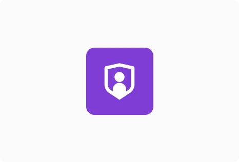 Purple square icon with a white shield enclosing a person silhouette symbolizing user protection or security.