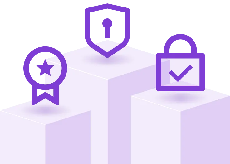 Three purple icons representing security: a badge with a star, a shield with a keyhole, and a padlock with a checkmark, positioned on white podium blocks.