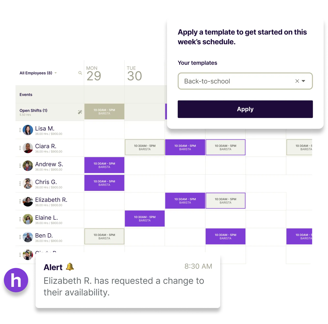 Homebase scheduling view with a week of shifts assigned across a team.