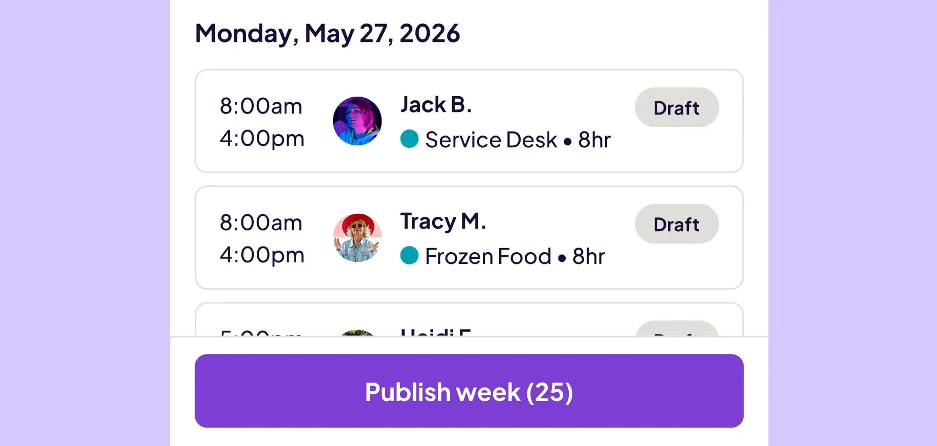 Homebase scheduling app showing a weekly shift schedule with employee names and shift times