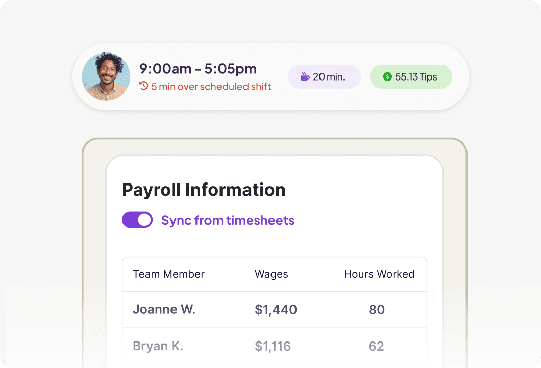 Homebase interfaces for syncing timesheets to payroll and showing a breakdown of hours, breaks, and tips earned for an employee.
