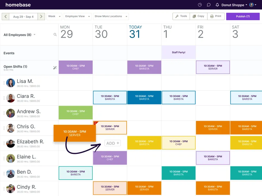 Weekly employee scheduling calendar from August 29 to September 4 showing shifts for positions like barista, chef, and server assigned to various employees with shift times from 10:30 AM to 5 PM.
