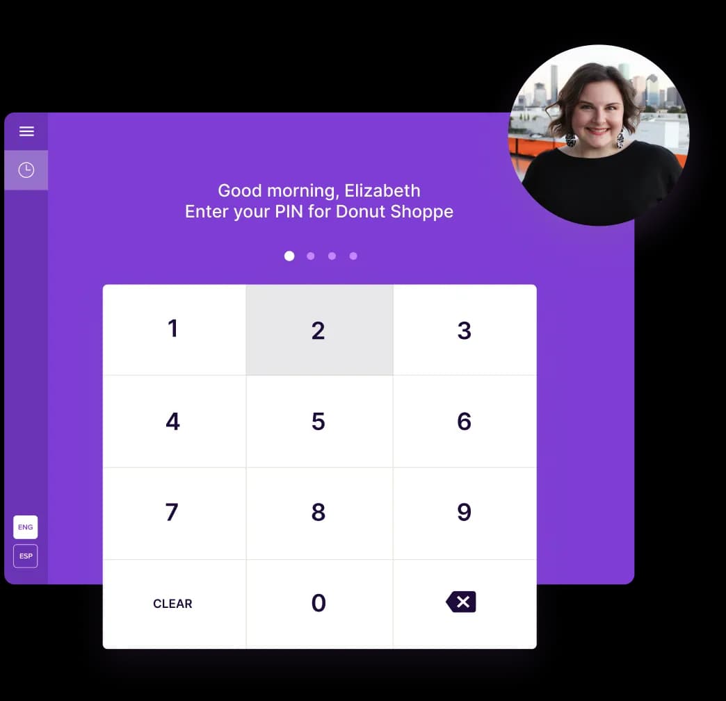 Homebase time clock on a tablet greeting Elizabeth with a PIN pad to clock in for Donut Shoppe.