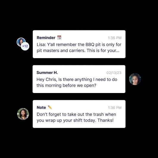Homebase team messaging thread on mobile with shift chatter between teammates.
