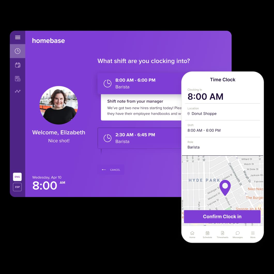 Homebase time clock on desktop and mobile