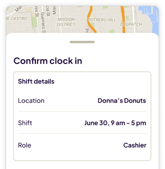 Homebase time clock on a phone showing a clock-in confirmation.