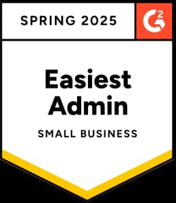 G2 badge for Easiest Admin, Small Business, Spring 2025.