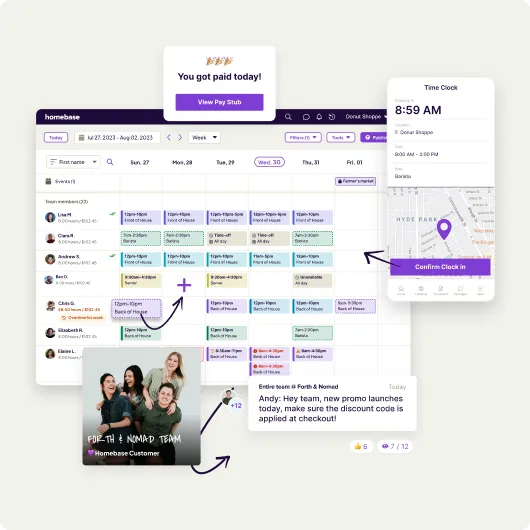 Homebase team dashboard showing a weekly schedule with shift assignments and a location check-in map.