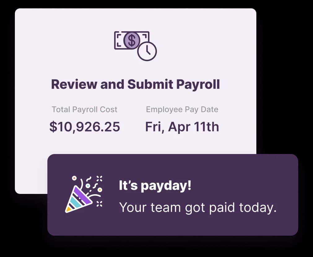 Review and Submit Payroll card showing a Total Payroll Cost of $10,926.25 and Employee Pay Date of Fri, Apr 11th, with a banner reading It's payday! Your team got paid today.