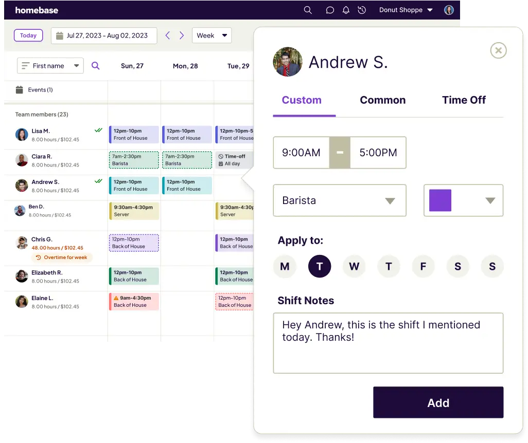 Homebase employee scheduling interface showing weekly shifts for team members with a pop-up for editing Andrew S.'s barista shift from 9:00 AM to 5:00 PM on Tuesday with a note.
