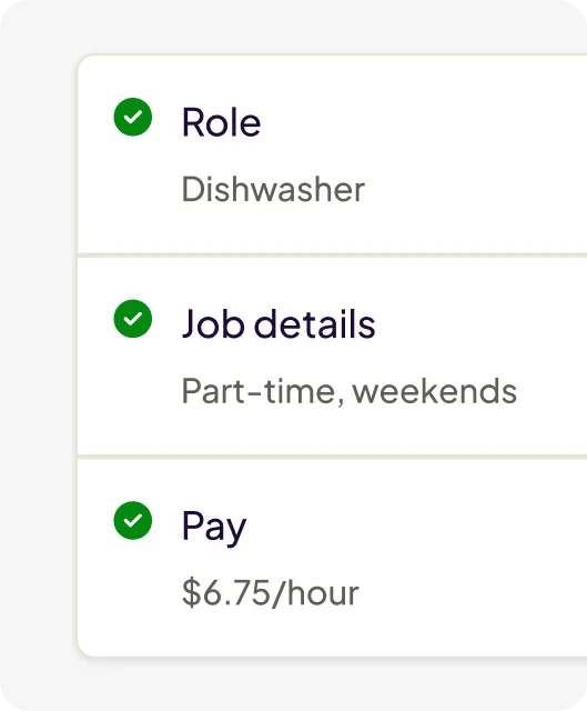 Job listing details showing Role as Dishwasher, Job details as Part-time, weekends, and Pay as $6.75 per hour.