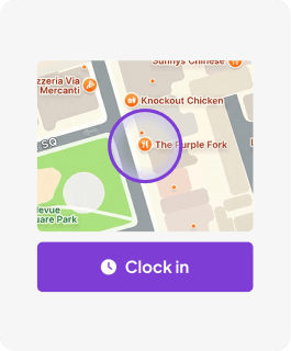 Homebase app time clock interface with employee location and button to clock in