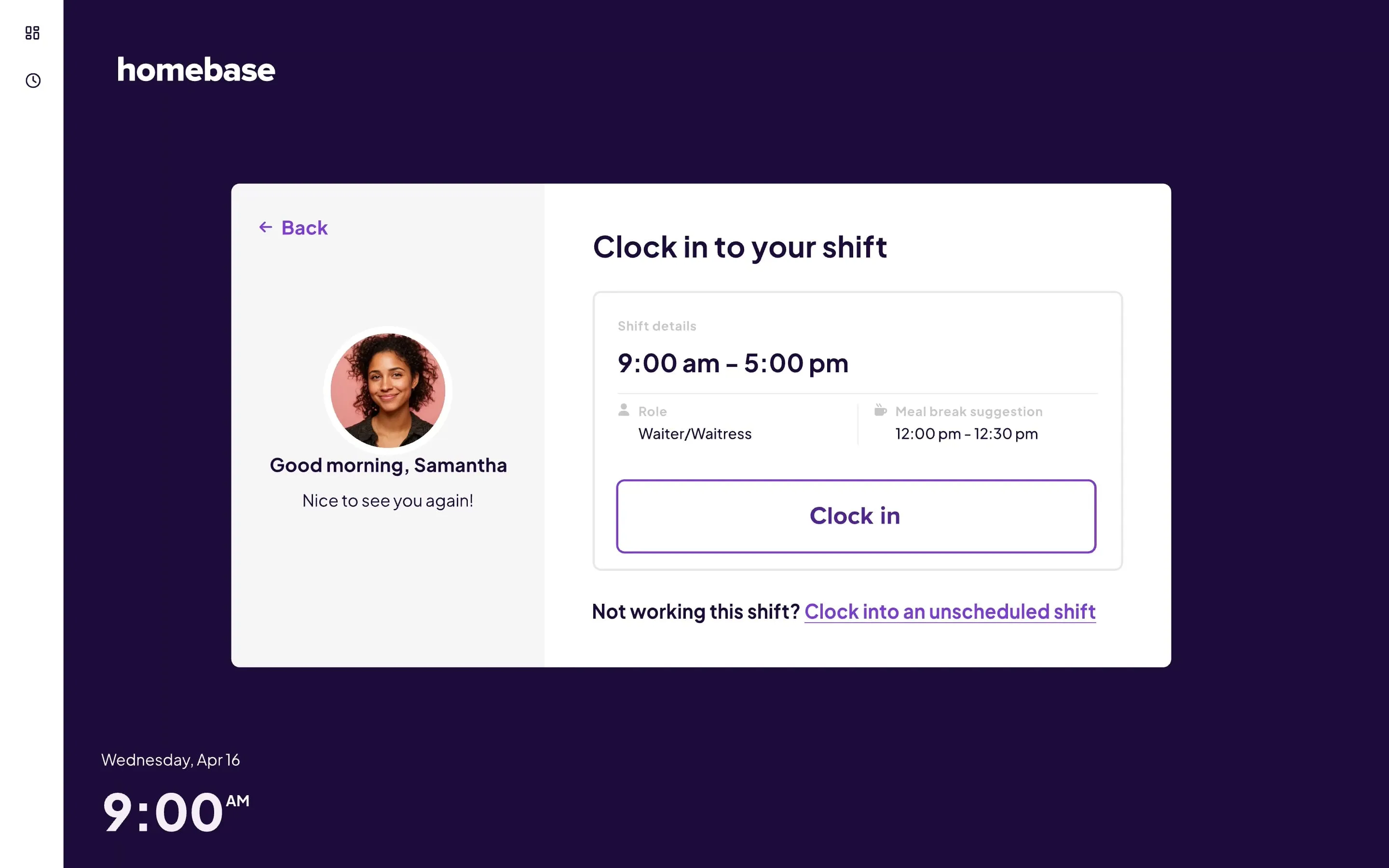 Homebase time clock app showing an employee clocking in with shift details on a tablet