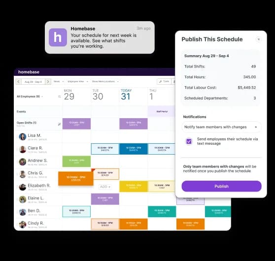 Homebase scheduling view with a week of shifts assigned across a team.