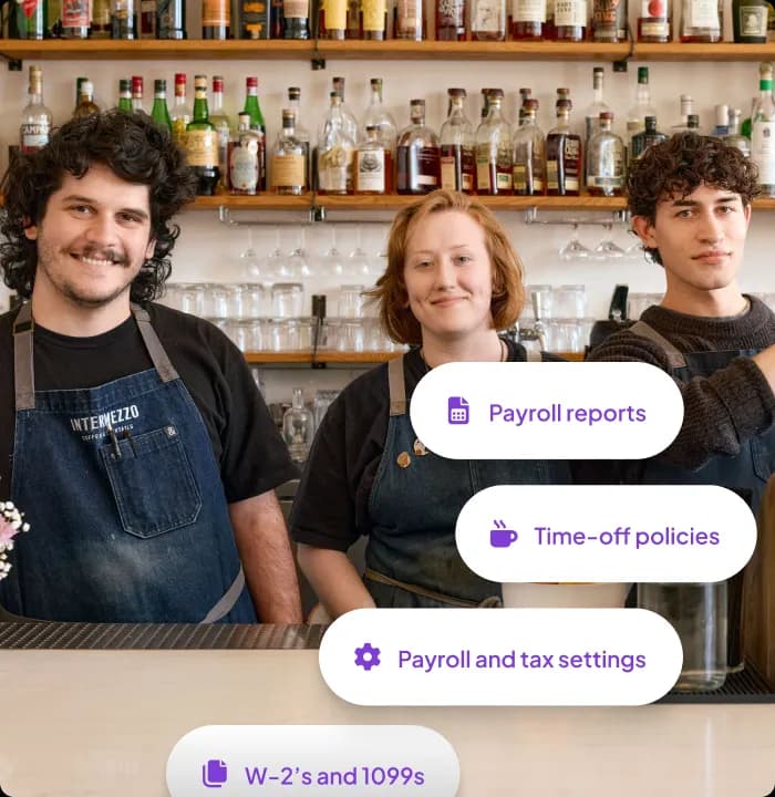 Three baristas wearing aprons standing behind a counter with bottles and glasses on shelves in the background, alongside text buttons for payroll reports, time-off policies, payroll and tax settings, and W-2’s and 1099s.