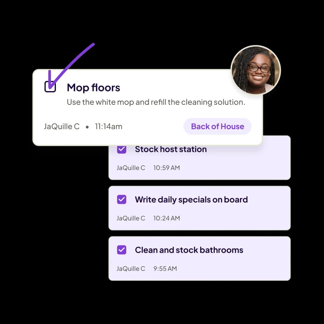 Task list with four checked items: Mop floors with instructions and timestamp 11:14am, Stock host station at 10:59am, Write daily specials on board at 10:24am, and Clean and stock bathrooms at 9:55am, all assigned to JaQuille C with a profile photo.