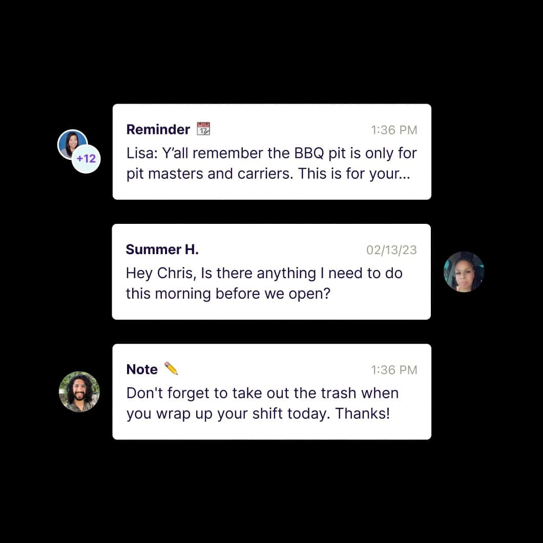 Homebase team messaging with a shift update and threaded replies.