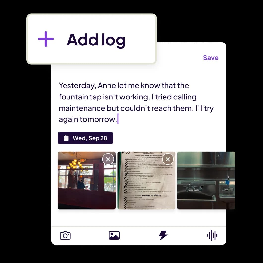 Homebase “Add log” form with a category picker and a note about the day’s shift