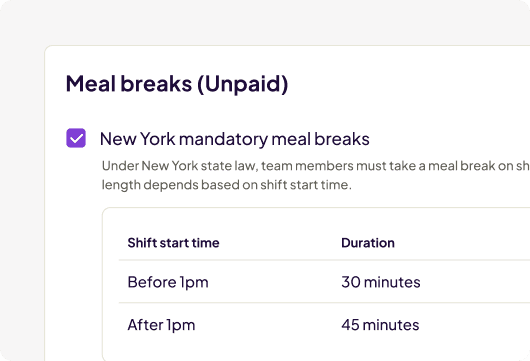 Break rules settings showing "New York mandatory meal breaks" enabled, with a table of required break durations by shift start time.