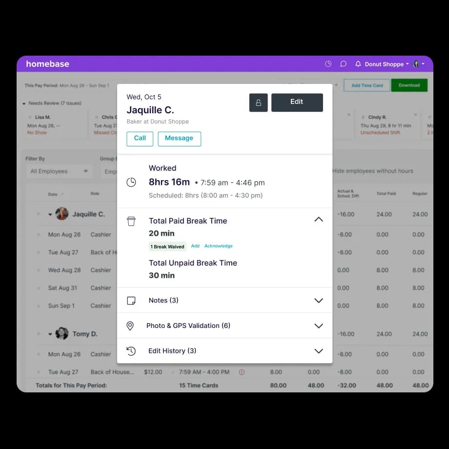 A Homebase timesheet showing an employee's clocked hours, breaks and edit history