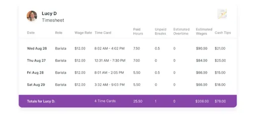 A screenshot of the Homebase mobile app showing an employee timesheet with clocked hours and estimated wages