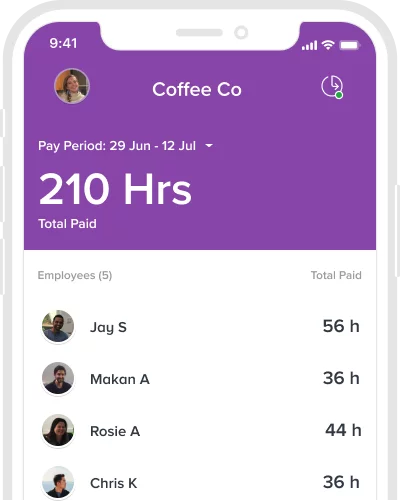 A phone screen showing the Homebase mobile timesheets app with a list of clocked-in employees and their hours