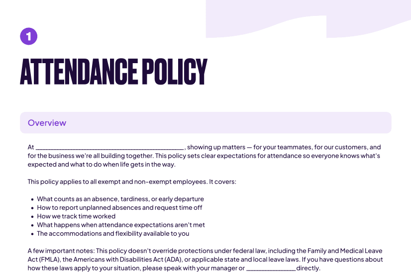Preview of the Homebase attendance policy template with attendance rules and signature fields.