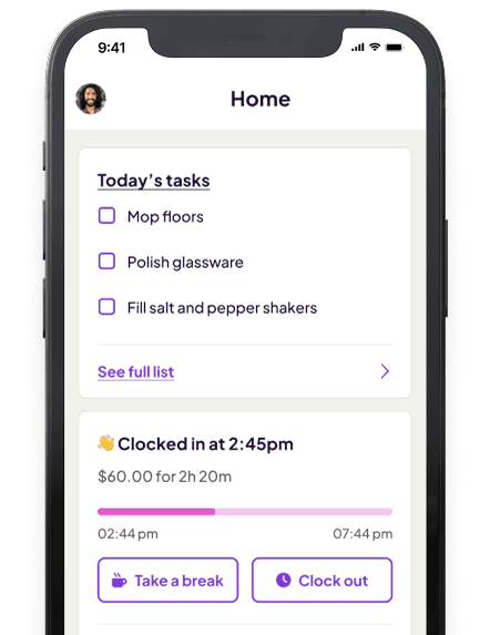 Homebase on a phone showing today's tasks and a recent clock-in status.