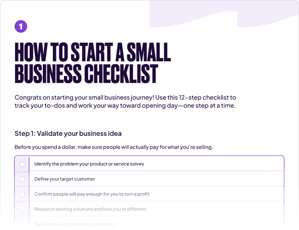 Preview of the Homebase starting a small business checklist with twelve steps from validating an idea through opening day.