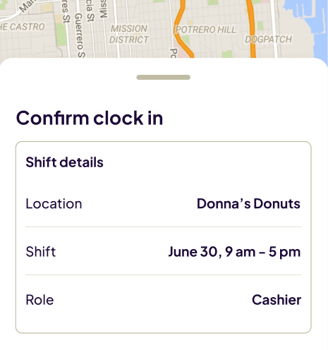 Homebase time clock on a phone confirming a clock-in without a geofence.