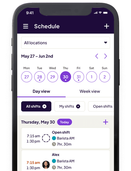 Homebase scheduling on a phone showing a weekly shift calendar.
