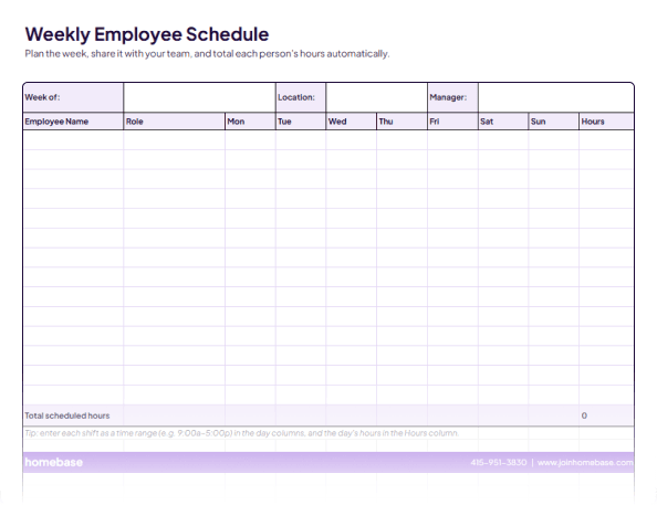 Preview of the Homebase weekly employee schedule template with rows for employees, roles, daily shifts, and total hours.