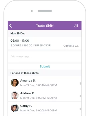 Homebase mobile shift trade screen showing an employee submitting a shift for trade, with three available coworkers to cover it.